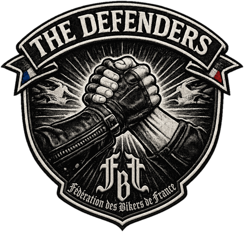 Patch THE DEFENDERS : deux mains de bikers serrées dans une poignée fraternelle, sous le monogramme de la Fédération des Bikers de France.
